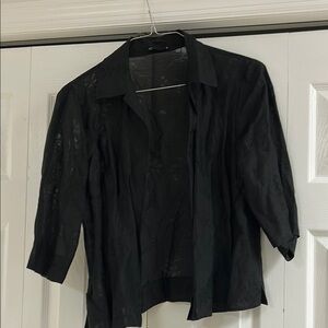 Elegant Black Women's silk linen blend Top with flowers